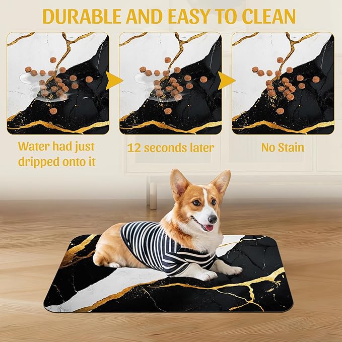 Black Gold Marble Dog and Cat Food Mat, Absorbent Feeding Placemat, Waterproof Non-Skid Rubber Backing, No Stains Pet Supplies – 16x24 Inch