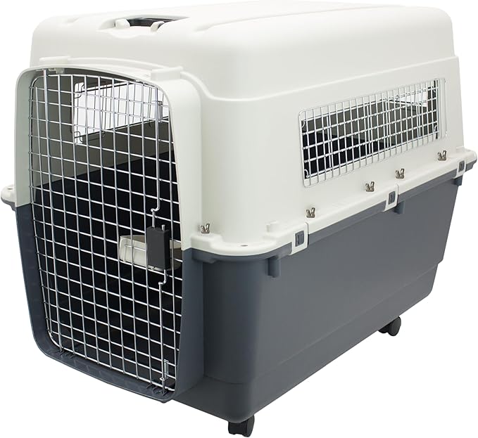 SportPet Airline Compliant XX-LARGE 36" Travel Dog Kennel-Durable Plastic Airline Pet Carrier w/ Removable Wheels & Food Bowls, Collapsible Indoor/Outdoor Dog Kennel, Dogs up to 36"L & 27"H-Cream/Gray