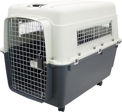SportPet Airline Compliant XX-LARGE 36" Travel Dog Kennel-Durable Plastic Airline Pet Carrier w/ Removable Wheels & Food Bowls, Collapsible Indoor/Outdoor Dog Kennel, Dogs up to 36"L & 27"H-Cream/Gray