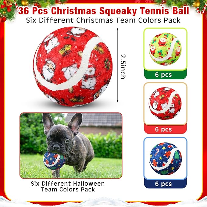 Libima 36 Pcs Halloween Dog Tennis Balls Bulk 2.5 Inches Toy Ball for Small Medium Large Dogs Durable Teething Chew Toys for Aggressive Dogs Exercise Training Catching, 3 Styles(Santa Claus)