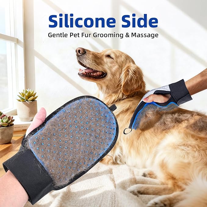 2 in 1 Pet Hair Removal Glove for Dog & Cat, Silicone Pet Grooming Gloves, Reusable Magic Pet Hair Brush, Electrostatic Pet Hair Remover Tool for Sofa, Carpets, Furniture, Car Seats, Clothing