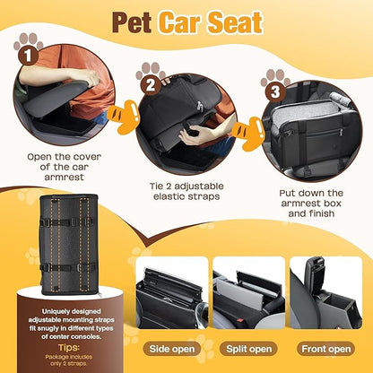 YUDODO 2-12lbs Center Console Dog Car Seat, Anti-Slip Pet Cat Booster Seat for Small Dogs, Portable Puppy Bed Carseat Carrier PU Leather Black