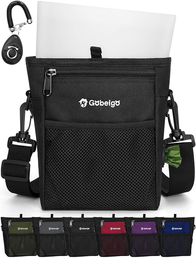 Gobeigo Dog Treat Pouch, Magnetic Closure & Sealable Silicone Bag Insert, 4-Cup Capacity – Belt Clip/Waist Belt/Crossbody Wear, Clicker Included – Great for Pet Training & Walking (Black)