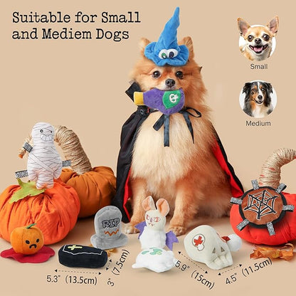 10PC Small Dog Toys Set, Creepy-Theme Puppy Enrichment Small Dog Toys Squeaky & Crinkle Funny Plush Stuffed Christmas Stocking Stuffers Bundle for with Pumpkin, Skeleton, Mummy, Bat & More