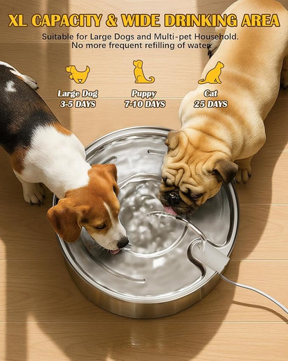 Stainless Steel Dog Water Fountain – 8L/270oz Automatic Waterer with Quiet Pump for Medium/Large Dogs, Cats & Multi-Pet Homes, Visible Water Window & Easy to Clean