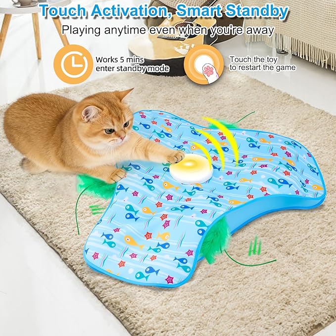 Interactive Cat Toys for Indoor Cats, Automatic Hide and Seek Motion-Activated Cat Toy with Moving Feather & Animal Chirps, USB Rechargeable Electric Cat Enrichment Toy for Bored Adult Cats & Kittens