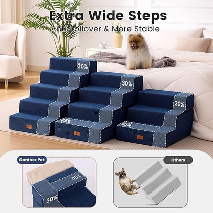 Gardner Pet Dog Stairs for Small Dogs 14" H, 3-Step Extra Wide Dog Steps for Bed, Pet Stairs for Bed and Couch with Durable Non-Slip Waterproof Fabric Cover and Soft Foam, Navy