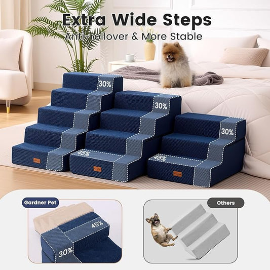 Gardner Pet Dog Stairs for Small Dogs 14" H, 3-Step Extra Wide Dog Steps for Bed, Pet Stairs for Bed and Couch with Durable Non-Slip Waterproof Fabric Cover and Soft Foam, Navy