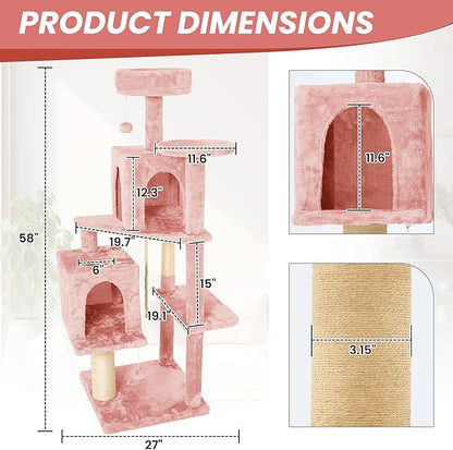 58in Large Cat Tree Tower for Indoor Cats with Soft Plush Hang Ball, Two Condos, Sisal Scratch Posts & Rope Play for Kittens/Adult Cats, Pink