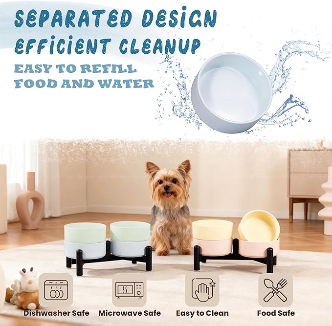 Elevated Ceramic Dog Bowl Set - Cute Double Dishes with Stainless Steel Stand – Raised Feeding Bowls for Cats and Small Dogs - Food & Water Set - 5" / 1.4 Cups (140 g / 260 ml) - Yellow