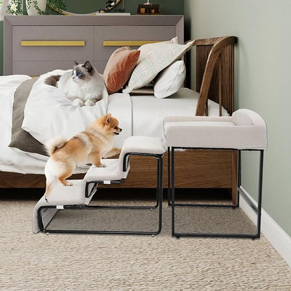 Dog Window Perch with Stairs for Dogs to get on Bed 3-Step Pet Ramp for High Beds Non-Slip Washable Cover The Sturdy Iron Frame with Ideal for Small Dogs Cats Senior Pets with Joint Issues