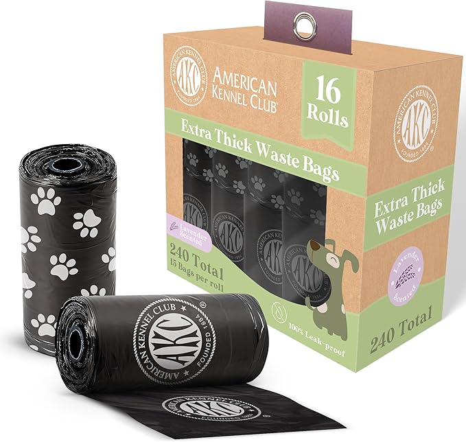 American Kennel Club Extra Thick Dog Poop Bags - Leak-Proof and Scented Waste Bags - 240 Count (16 Refill Rolls) - Durable, Heavy-Duty, Fits Standard Dispensers