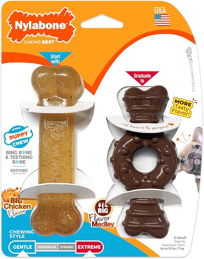 Nylabone Ring Bone Chew Toy for Puppies, Puppy Teething Toys, Puppy Enrichment Toys, Chicken Flavor, X-Small Dogs - Up to 15 lbs, 2 Pack