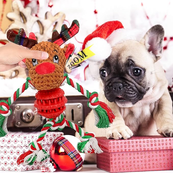Dog Christmas Toys for Small Medium Large Dogs, Squeaky Plush Dog Toys + Interactive Dog Toys + Dog Rope Toys Multi Function Cute Reindeer Puppy Toys for Christmas