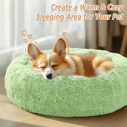 JOLLYVOGUE Calming Dog Beds Large Sized Dog, 36in Donut Washable Large Pet Bed, Anti-Slip & Anti-Anxiety Fluffy Faux Fur Round Dogs Bed, Fits up to 80 lbs Pets (Light Green)
