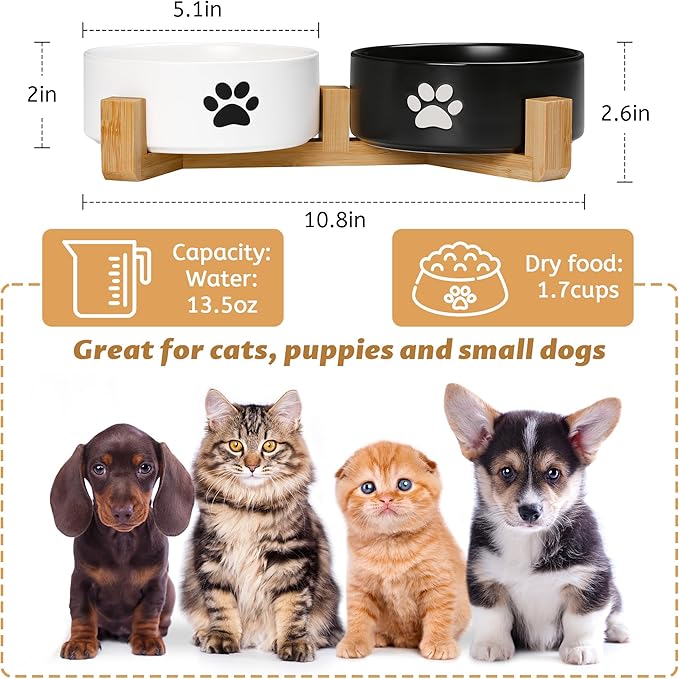 Dog Bowls, Non Slip Heavy Ceramic Dog Food and Water Bowl, Pet Feeding Bowl for Cats, Puppies and Small Dogs (2 Bowls+ 1 Stand-Black and White, 5.1 Inches)