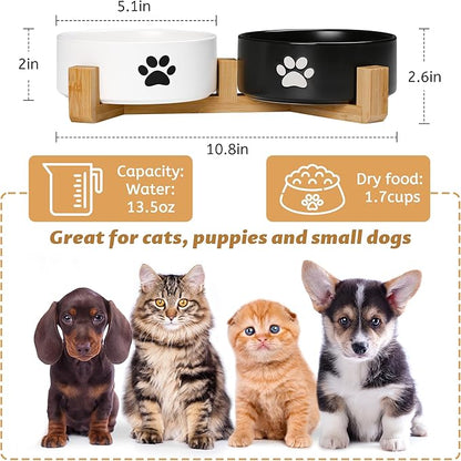 Dog Bowls, Non Slip Heavy Ceramic Dog Food and Water Bowl, Pet Feeding Bowl for Cats, Puppies and Small Dogs (2 Bowls+ 1 Stand-Black and White, 5.1 Inches)