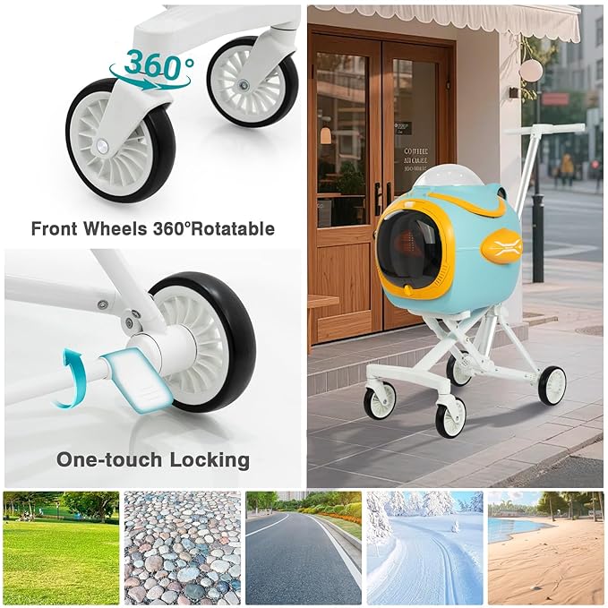 4 in 1 Foldable Pet Stroller with Detachable Carrier for Small Dogs & Cats, Space Capsule Travel Stroller with Inbuilt Fan,Temperature Display & Night Light,Puppy Kitty Doggie Bunny Stroller(Blue)