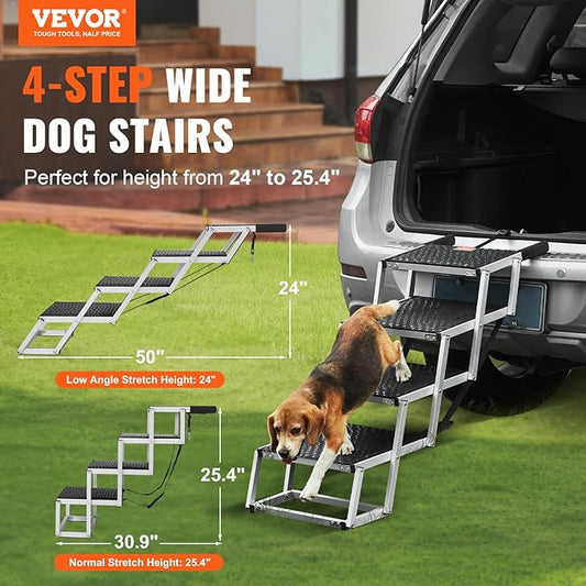 VEVOR 4-Step Dog Car Steps, Folding Dog Ramp with Nonslip Surface, Portable Pet Steps in Aluminum for Car, SUV and Truck, Supports up to 250 lbs