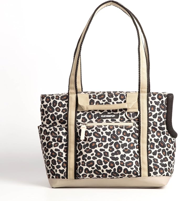 Cleverpup Transit Tote Dog Carrier for Small Dogs Under 8 lbs, 16x11x8 Soft-Sided 4-Pc Set with Waterproof Base, Plush Insert, Food Pouch, Mesh Head Opening - Small, Leopard