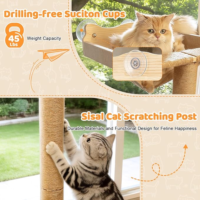 46" Cat Window Perch with 3 Adjustable Sisal Scratching Posts, Drill-Free Suction Cups, Multi-Level Climbing Perch for Bird Watching & Play, 45 lbs Capacity