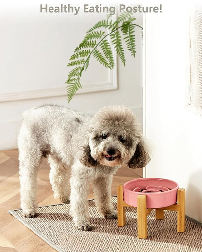 Ceramic Slow Feeder Dog Bowls Elevated, 0.6 Cup Slow Feeder for Small Dogs, Puzzle Maze Bowl, Prevents Choking, 6in, Pink