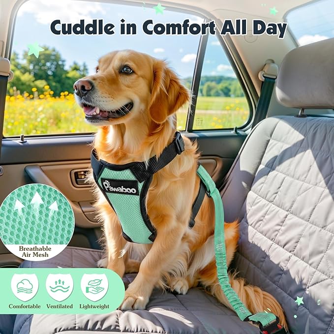 Pawaboo Dog Seat Belt Harness for Car, Dog Car Harness Seatbelt with Double Clips, Adjustable Breathable Pet Vest & Dogs Safety Tether with Elastic Bungee for Small Medium Large Pet, XXL, Blue + Black