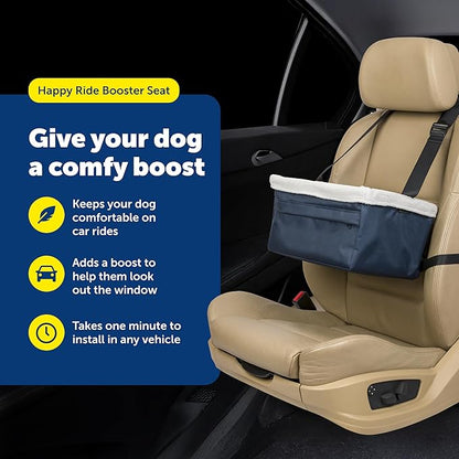 PetSafe Happy Ride Booster Seat for Dogs - Open Road Comfort - Safe Tether System - Zipper Pouch Dog Seat - Machine Washable Fleece Liner - Easy Install Design - Navy - Up to 12 lb