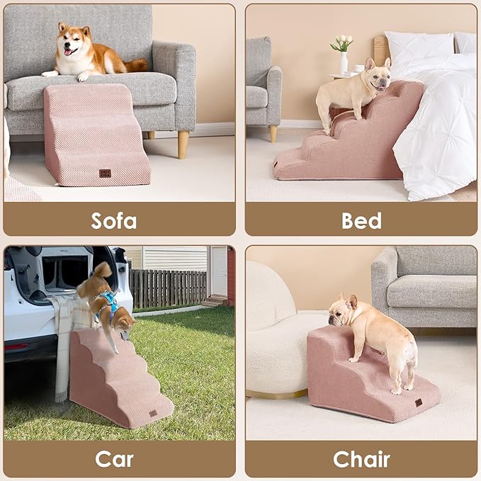 EHEYCIGA Curved Dog Stairs Ramp for High Beds 19.7" H, 4-Step Dog Steps for Small Dogs and Cats, Pet Stairs for High Bed Climbing, Non-Slip Balanced Pet Step Indoor, Dusty Pink