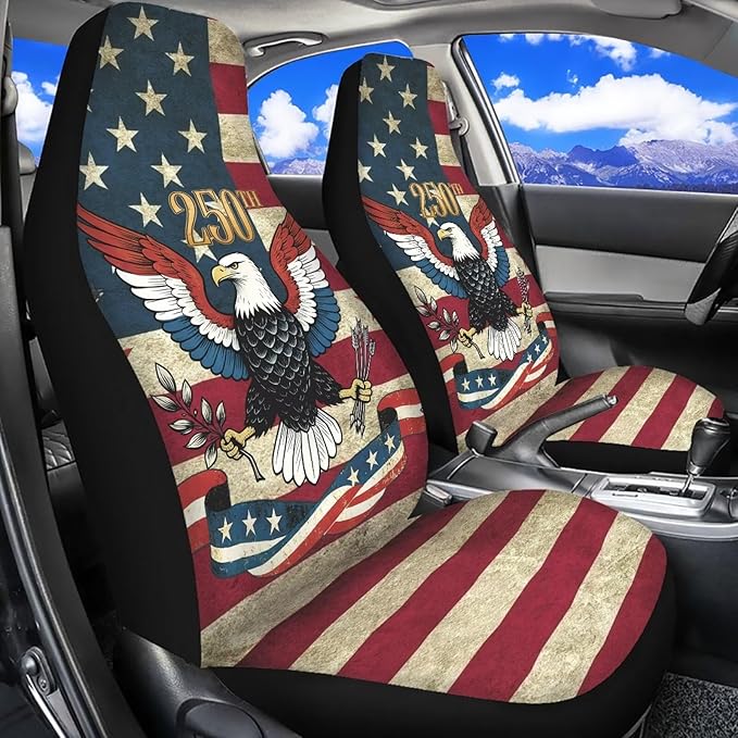 Eagle with American Flag Car Seat Covers Front Set, American 250th Anniversary Patriotic Car Accessories Automotive Seat Covers, Car Interior Covers Seat Protectors for Trucks SUV Sedans