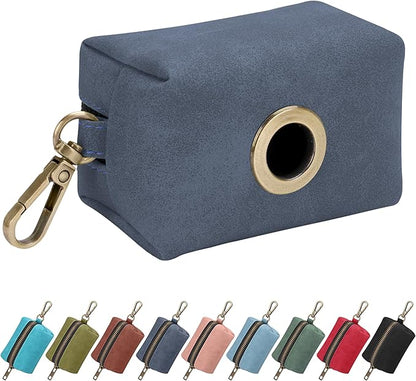 Didog Classic Dog Poop Bag Holder, Easy-Pull and Elegant PU Leather Pet Waste Bag Dispenser for Leash with Carabiner Clip, Includes 1 Roll Dog Waste Bag for Daily Walking,Blue