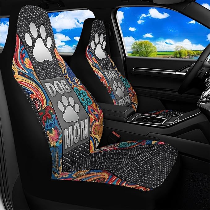 Dog Mom Paw Car Seat Covers Front Seats Boho Flower Waterproof Front Seat Covers Auto Interior Decor Bucket Seat Covers Suitable for Cars, SUV and Trucks