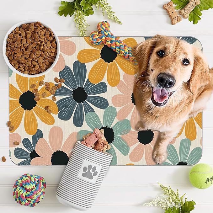 Abstract Daisy Flower Dog Food Mat for Floors,Retro Groovy Flowers Absorbent Pet Food and Water Bowl Mats,Non-Slip Pet Feeding Mat,Pet Supplies 16" x 24"