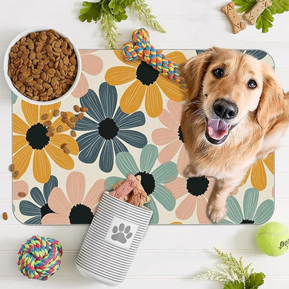 Abstract Daisy Flower Dog Food Mat for Floors,Retro Groovy Flowers Absorbent Pet Food and Water Bowl Mats,Non-Slip Pet Feeding Mat,Pet Supplies 16" x 24"