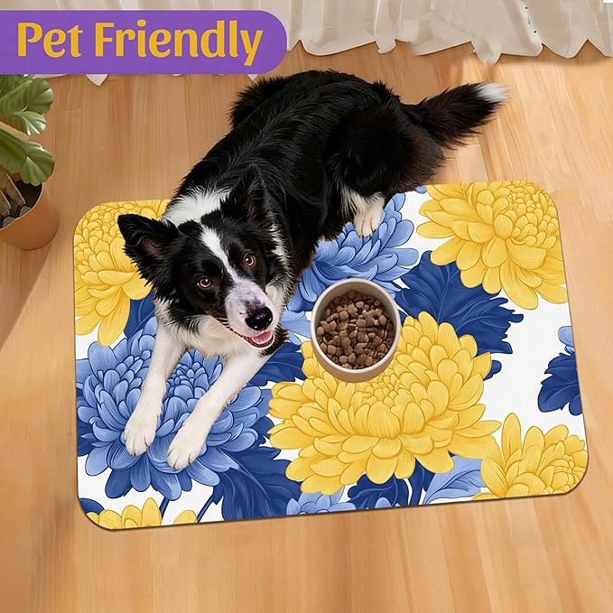 Blue Yellow Flowers Pet Feeding Mat, Quick Dry Absorbent Water Bowl Mat for Dogs and Cats, Anti-Slip Bottom, Indoor Use – 12x20 Inch