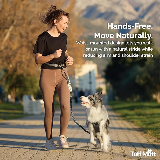 Tuff Mutt Hands Free Dog Leash for Walking Running Hiking, Waist Leash with Bungee, Adjustable Belt, Reflective Double Handle Design for Large Medium Dogs