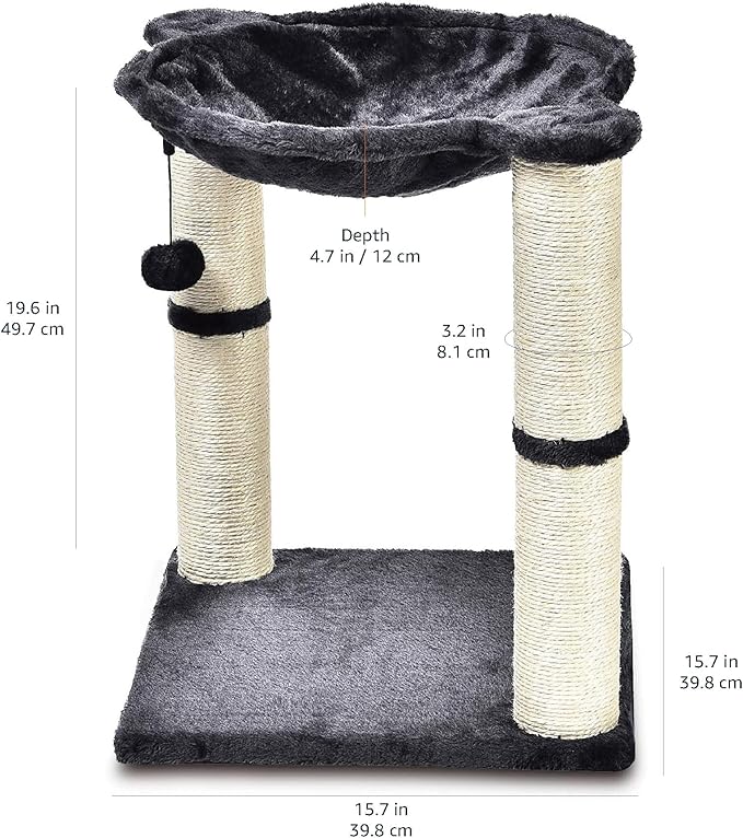 Amazon Basics Sturdy Cat Condo Tower with Hammock Bed and Scratching Posts, Interactive Hanging Ball Toy for Indoor Cats, 15.8" x 15.8" x 19.7", Gray