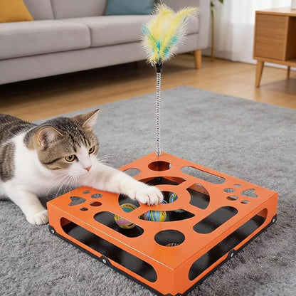 2026 New Metal Cat Scratch Puzzle Enrichment Box,cat Puzzle, 1 Spring-Loaded Colorful Feather Stick with a Bell,No Assembly Required, All Cats Indoor Play Toy