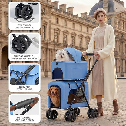 MoNiBloom Double Dog Stroller with Detachable Carriers, 2 in 1 Pet Stroller for Small Medium Dogs Cats, One-Hand Fold Lightweight Pet Buggy with Storage Basket & Canopy