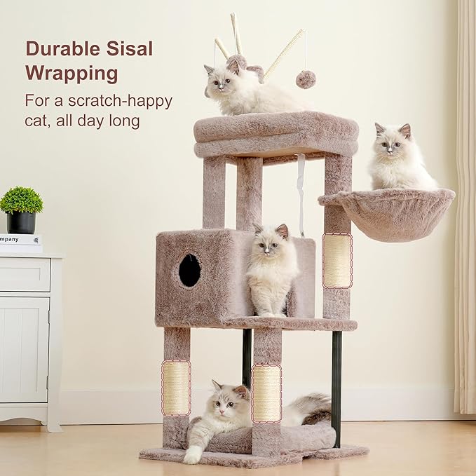 Heybly Cat Tree, 45.3-Inch Cat Tower for Indoor Cats with Large Perch, All-in-One Cat Furniture with Cozy Bed, Hidden Space Cat Condo, Comfy Hammock, Scratching Posts & 3 Pompoms, Muchroom HCT202SMU