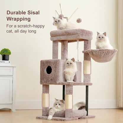 Heybly Cat Tree, 45.3-Inch Cat Tower for Indoor Cats with Large Perch, All-in-One Cat Furniture with Cozy Bed, Hidden Space Cat Condo, Comfy Hammock, Scratching Posts & 3 Pompoms, Muchroom HCT202SMU