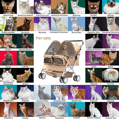 Double Pet Stroller, Foldable Stroller for 2 Dogs & Cats, Two-Seater Carrier Twin Dog Walk Jogger Travel Pet Carriage Cart with Storage, Beige
