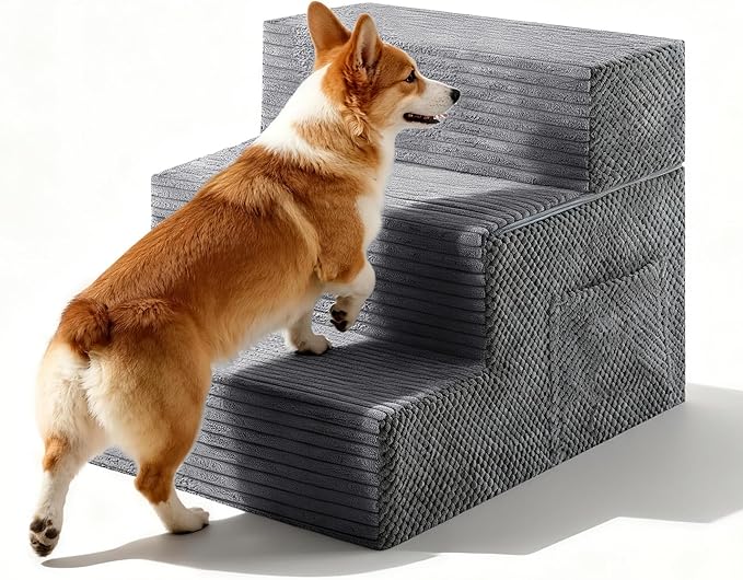 Dog Stairs for Small Dogs, 3-Step Dog Ramp for Bed 13.7" H, Dogs Steps for Bed, Couch, Pet Stairs with Non-Slip Bottom Design,High Density Foam Portable Pet Steps, Grey