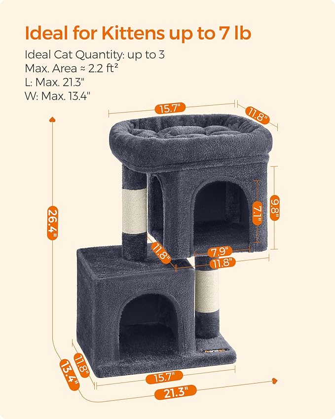 Feandrea Cat Tree, 26.4-Inch Cat Tower, Plush Condo for Kittens up to 7 lb, Large Perch, 2 Caves, Scratching Post, Smoky Gray UPCT611G01