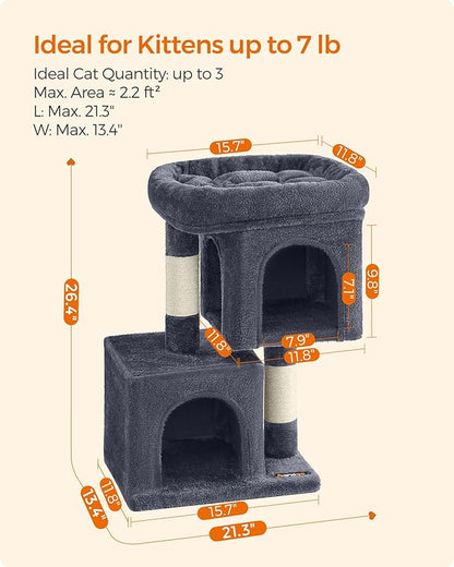 Feandrea Cat Tree, 26.4-Inch Cat Tower, Plush Condo for Kittens up to 7 lb, Large Perch, 2 Caves, Scratching Post, Smoky Gray UPCT611G01
