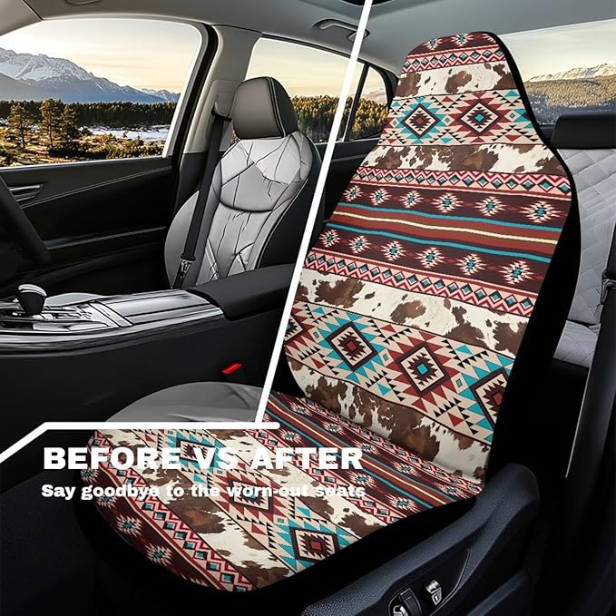 Aztec Cow Print Car Seat Covers Full Set of 2 Waterproof Breathable Car Seat Cover for Front Seats Elastic Fabrics Easy to Install Universal for Auto Truck Van SUV