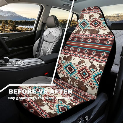 Aztec Cow Print Car Seat Covers Full Set of 2 Waterproof Breathable Car Seat Cover for Front Seats Elastic Fabrics Easy to Install Universal for Auto Truck Van SUV