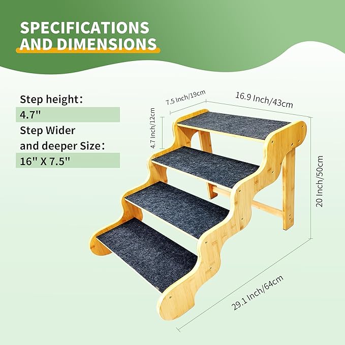 Dog Steps for Bed,Dog Stairs for Large & Oldder Dogs,Bamboo Pet Stairs for High Beds Cars Couch,Stable & Sturdy Can Supports Pet Up to 160 Lbs,4-Steps 20" High