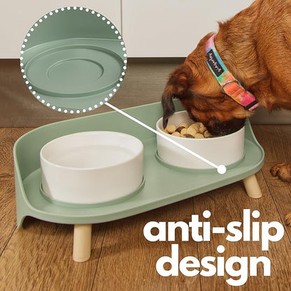 A4DOG Ceramic Dog Bowls with Stand - Elevated Dog Water and Food Bowl Set 13.5oz Cat & Dog Feeding Station Spill Proof Splash Proof Raised Pet Food Bowls for Dogs, No Mess Pet Feeder - Green