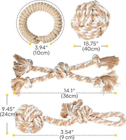 PetiFine Chew Toys for Dogs 4 Pack, Dog Rope Toy for Aggressive Chewers, Interactive Rope Ball Natural Cotton, Dog Tug of War Toy for Teeth Cleaning